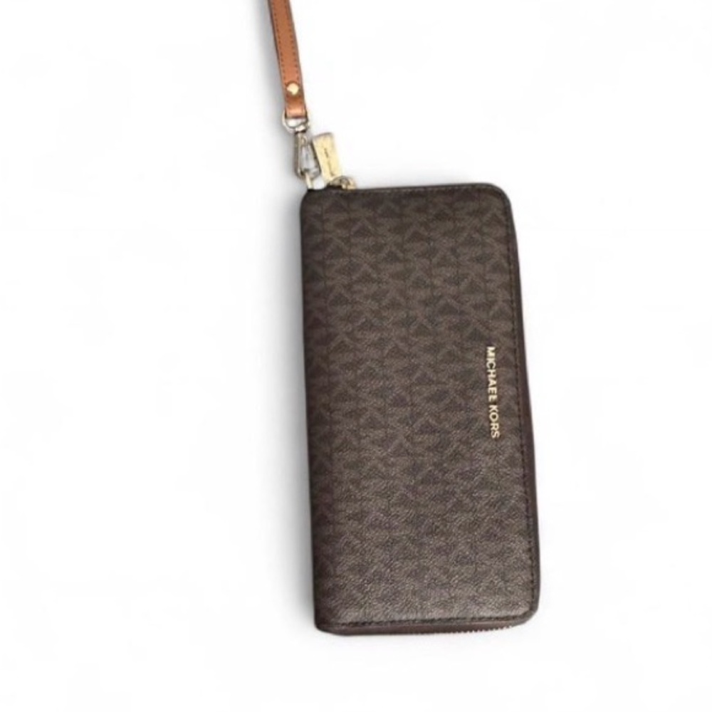 Michael Kors Dark Brown Wristlet wallet with Tan Strap